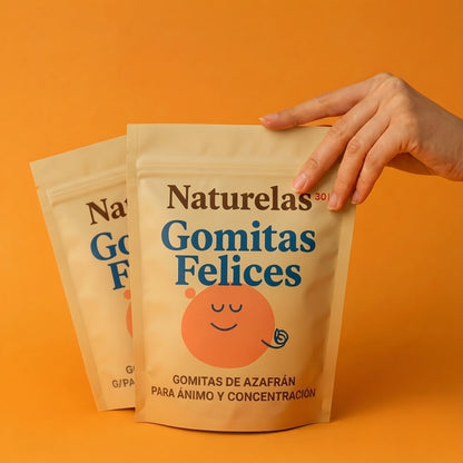 Bolsas de Naturelas Gomitas Felices, gomitas de azafrán para ánimo y concentración, sobre fondo naranja