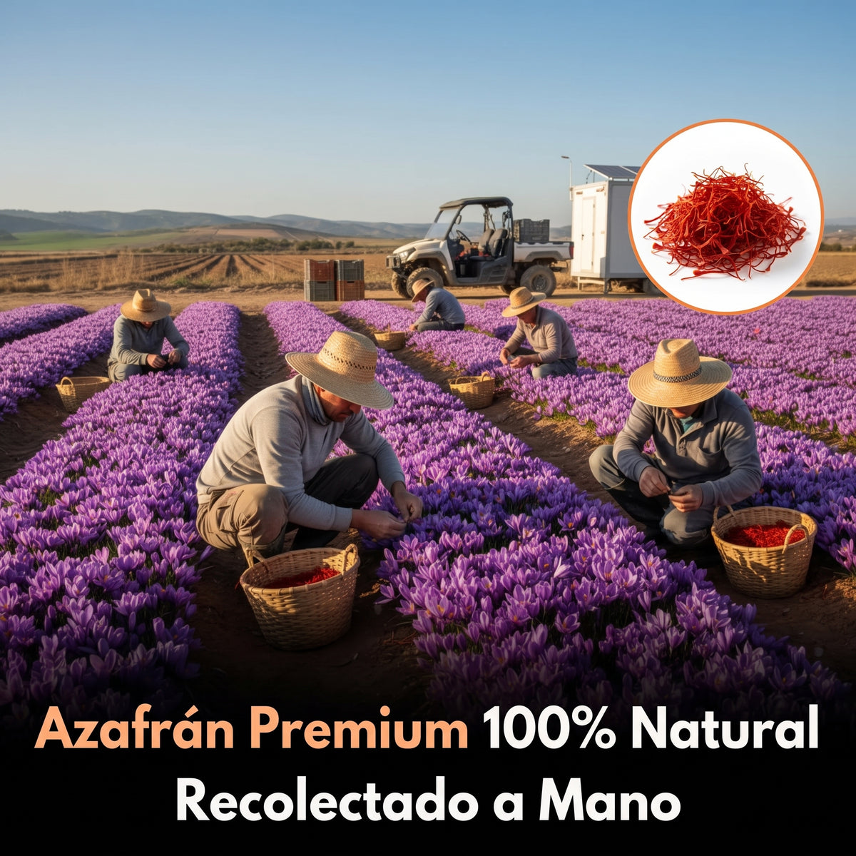 Campo de azafrán en flor con recolectores a mano; azafrán premium 100 % natural