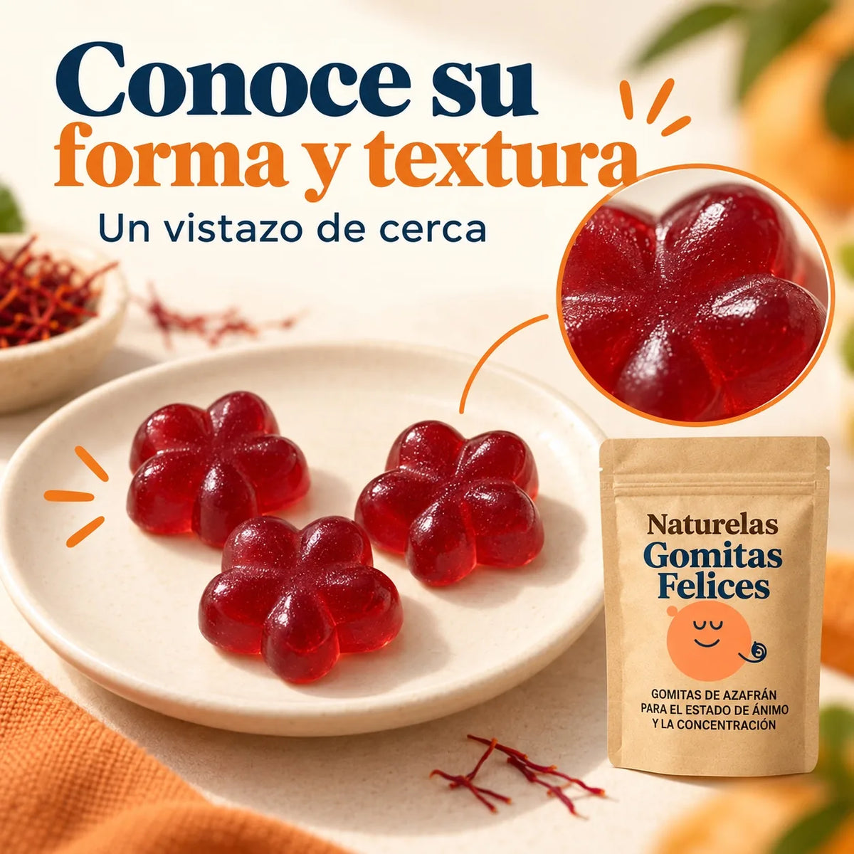 Detalle de la textura de las gomitas de azafrán de Naturelas