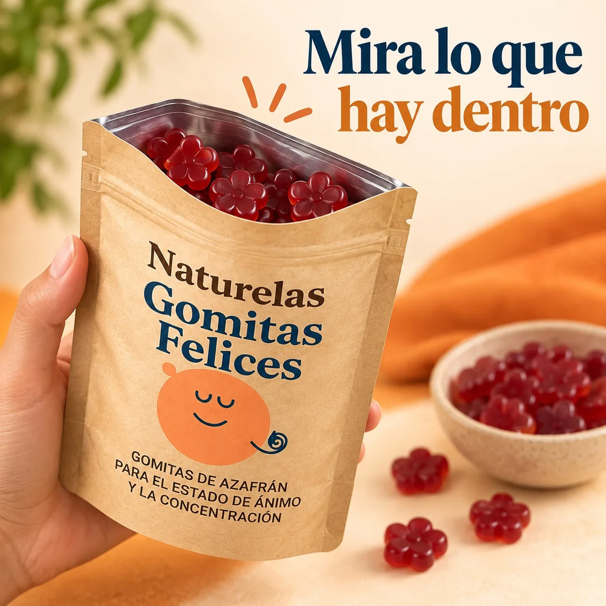 Los cinco ingredientes de Gomitas Felices: azafrán, magnesio, L-teanina, pasiflora y vitamina D